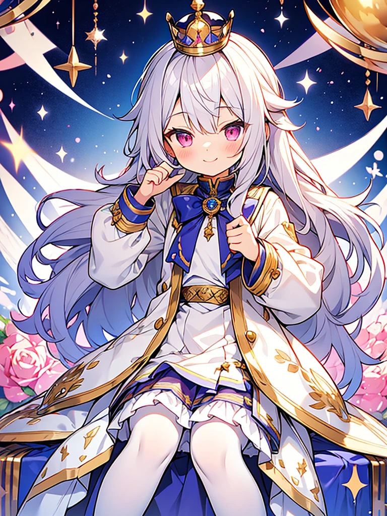 hyper cute shota,Prince of empire,Sailor uniform with lots of jewels,sit on throne,skirt,white pantyhose,smile,
silver-hair with pink-metal-crown,