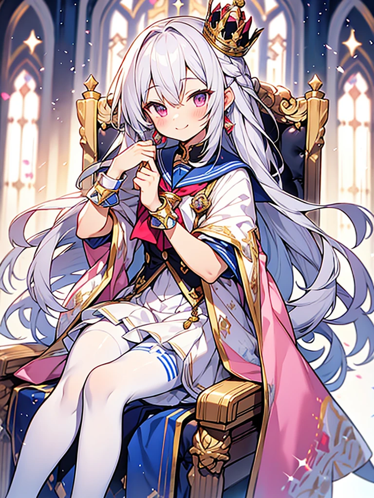 hyper cute shota,Prince of empire,Sailor uniform with lots of jewels,sit on throne,skirt,white pantyhose,smile,
silver-hair with pink-metal-crown,