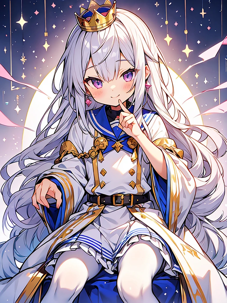 hyper cute shota,Prince of empire,Sailor uniform with lots of jewels,sit on throne,skirt,white pantyhose,smile,
silver-hair with pink-metal-crown,