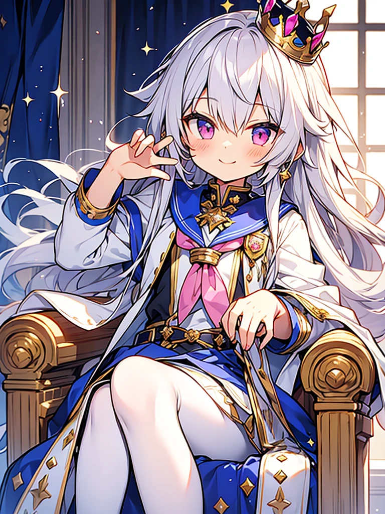 hyper cute shota,Prince of empire,Sailor uniform with lots of jewels,sit on throne,skirt,white pantyhose,smile,
silver-hair with pink-metal-crown,