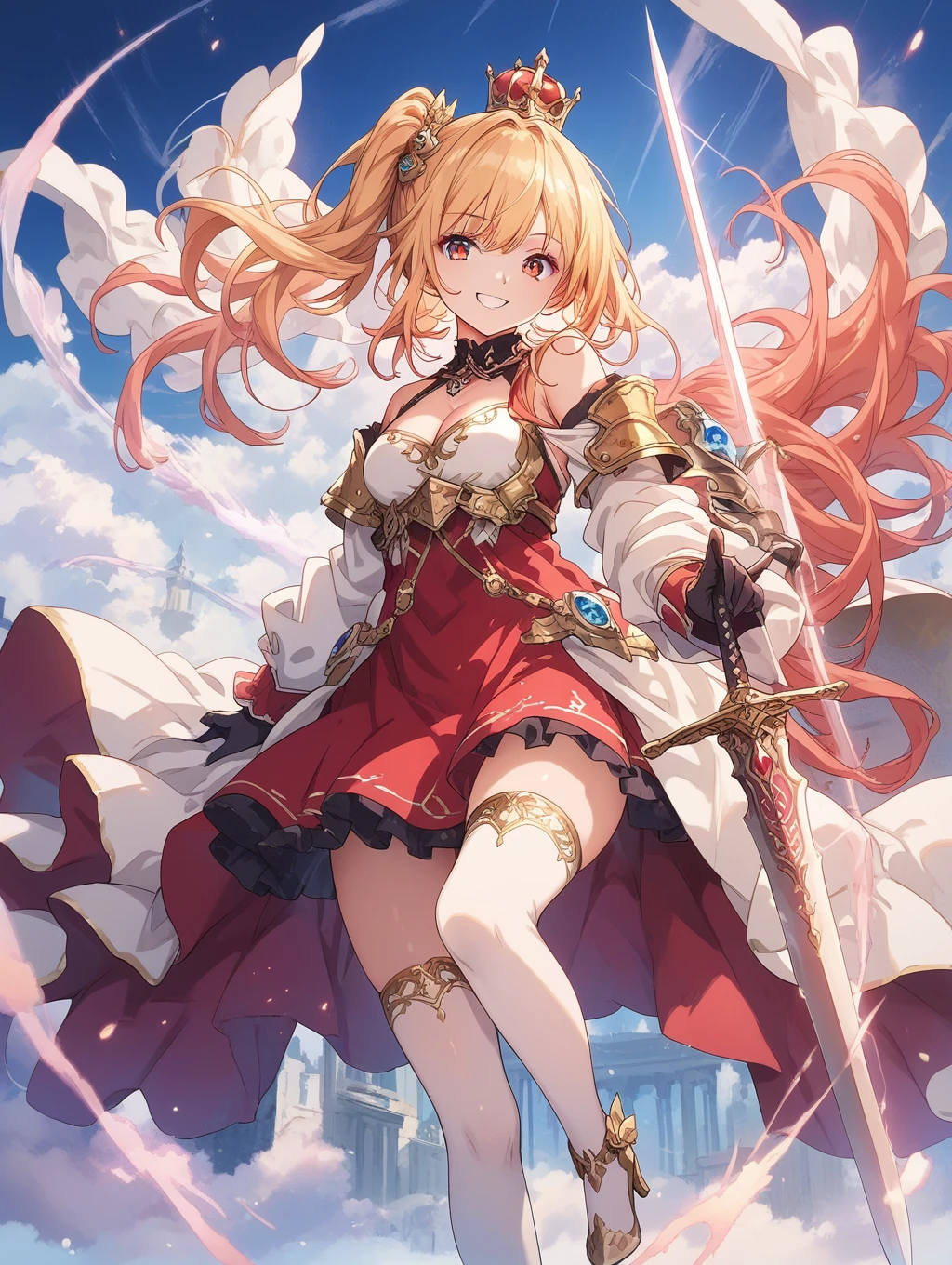 score_9, score_8_up, score_7_up, source_anime,masterpiece, best quality, high resolution, extremely detailed CG, absurdres, 1girl, solo, a girl in armor and a smaill crown holding a large sword, white_armor, golden_decoration, ((red_dress)), off-shoulder, thighhighs, long hair, side_ponytail, blond hair, leg armor, cleavage, small_crown, gloves, armor, white_gloves, high heels, off-shoulder armor, smile, ((ornamental armor)),((large sword))