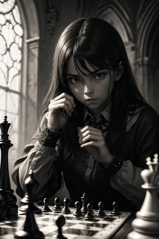 A girl playing chess against a other girl, chess tournament, dark cathedral background, realistic, detailed, black and white, Style Norman ackroyd, scary eyes, oil painting, detailed hands