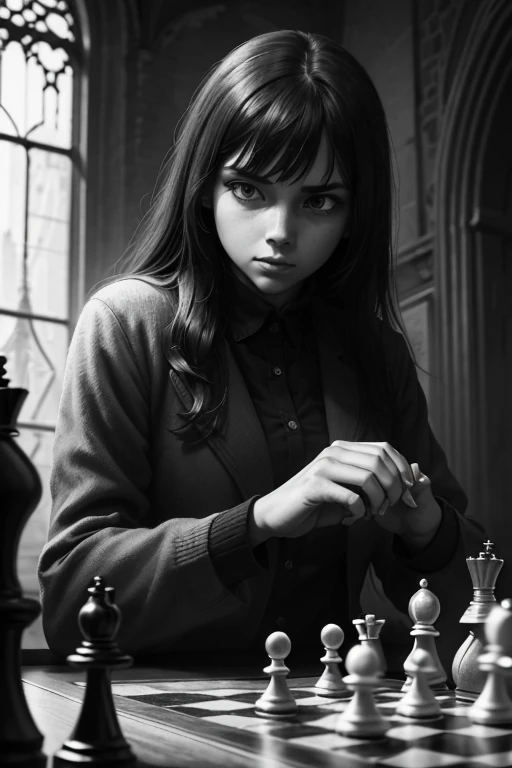 A girl playing chess against a other girl, chess tournament, dark cathedral background, realistic, detailed, black and white, Style Norman ackroyd, scary eyes, oil painting, detailed hands