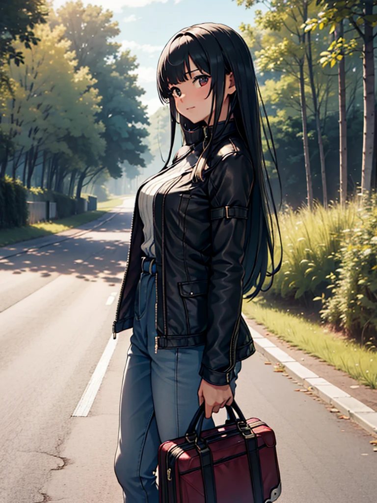 (Masterpiece, Best Picture, High Resolution), A young, naive, and bratty-looking girl is hitchhiking on a deserted country road. She stands on the side of the road, dressed as if she has run away from home, with a bag or some luggage by her side. Her outfit looks somewhat disheveled and casual. The background features a lonely, rural landscape with a long stretch of road, few trees, and no houses in sight. She is holding her arm up high, confidently signaling for a car to stop, with a smirk on her face that exudes a bratty and defiant attitude. The overall mood should convey her rebellious yet innocent demeanor and the remote, isolated setting. nsfw