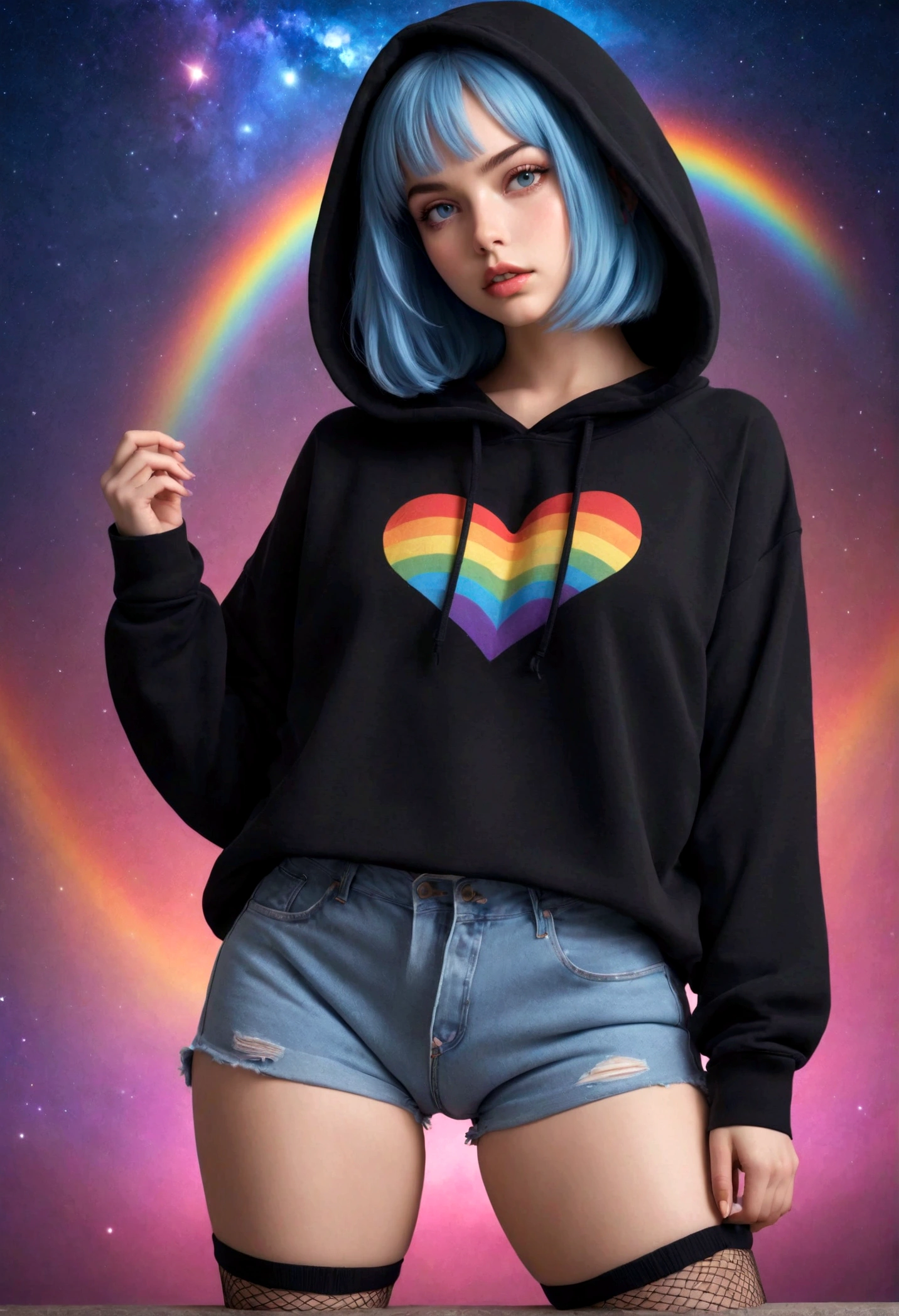 a cute adult, wearing a loose cropped oversized black hoodie, wearing a pair of denim short shorts and fishnet stockings, thick thighs, wide hips, short, very slim, showing slender tummy, stretching out, heart on hoodie, squishy thighs, has glowing blue eyes. alone, solo (ALONE)(SOLO), surrounded by rainbows, colorful galaxy backround