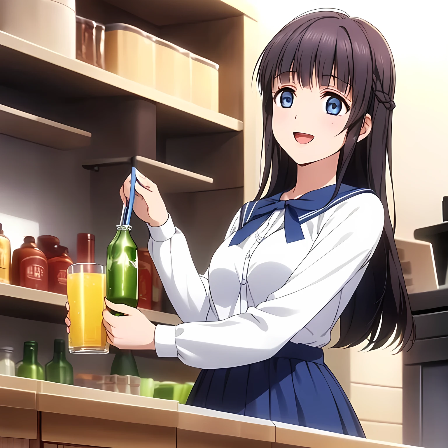 (highest quality, masterpiece:1.2), highest quality, High resolution, 1080p, 8K, Game heroine CG, Height: 158cm, ((A beautiful game heroine gulps down juice from a plastic bottle)), A face that everyone loves, Glossy lips, Even bangs, Double, Long eyelashes on both the top and bottom, Smiling blue eyes, The very large and thick yellow ribbon bowtie is very cute., ((Black Hair)), Beautiful, shiny, long black hair, ((A long, neat, dark navy pleated skirt)), (((A long-sleeved navy blue sailor uniform for winter, all dark blue in color))), ((Navy blue jacket)), Smiling, slightly open mouth like a game heroine, Ribbon in hair, Tight waist, The background is a blank white space, ((Blur the background))