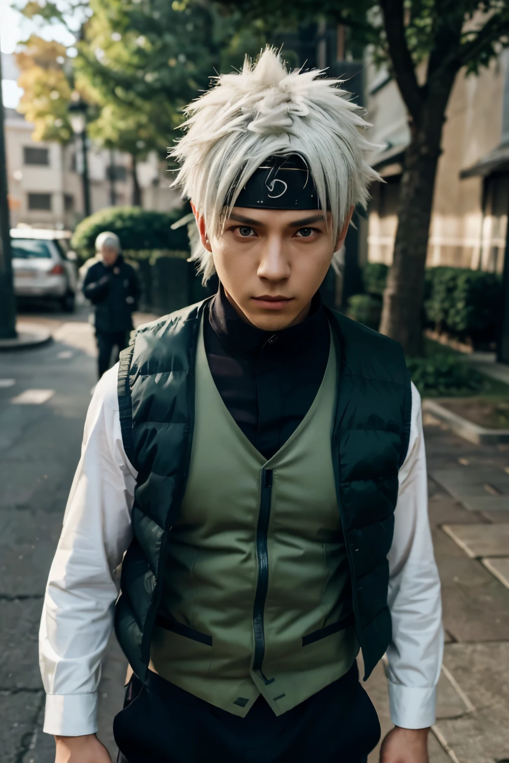 Real life adaption of this character,his name is kakashi from anime Naruto,1boy,wearing Thick vest green color with long Sleeve,realistic outfit on head,(same logo uzumaki on his hand)),realistic white hair,realistic light,realistic,shadow,realistic background,realism,hyper realistic,(photorealistic:1.2)