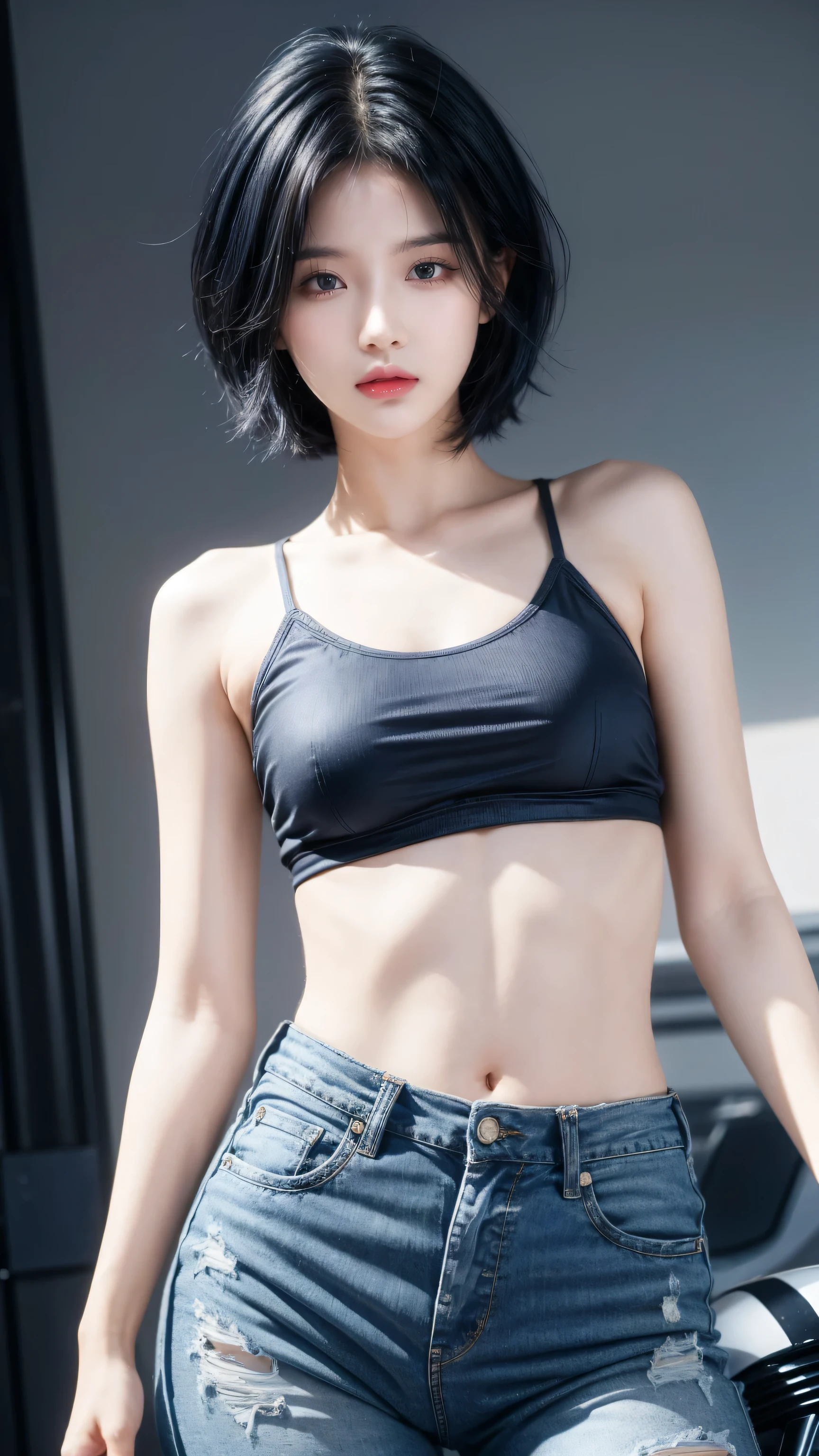 best quality, 1 Girl, dark blue hair, black eyes, Very short hair, Spiky hair, Crop Top Drape, , High waist short jeans, 171 cm, Messy hair, Hair between the eyes, Medium breasts, full, Tomboy, aldult, 20 years old, 1 Girl near blue motorcycle