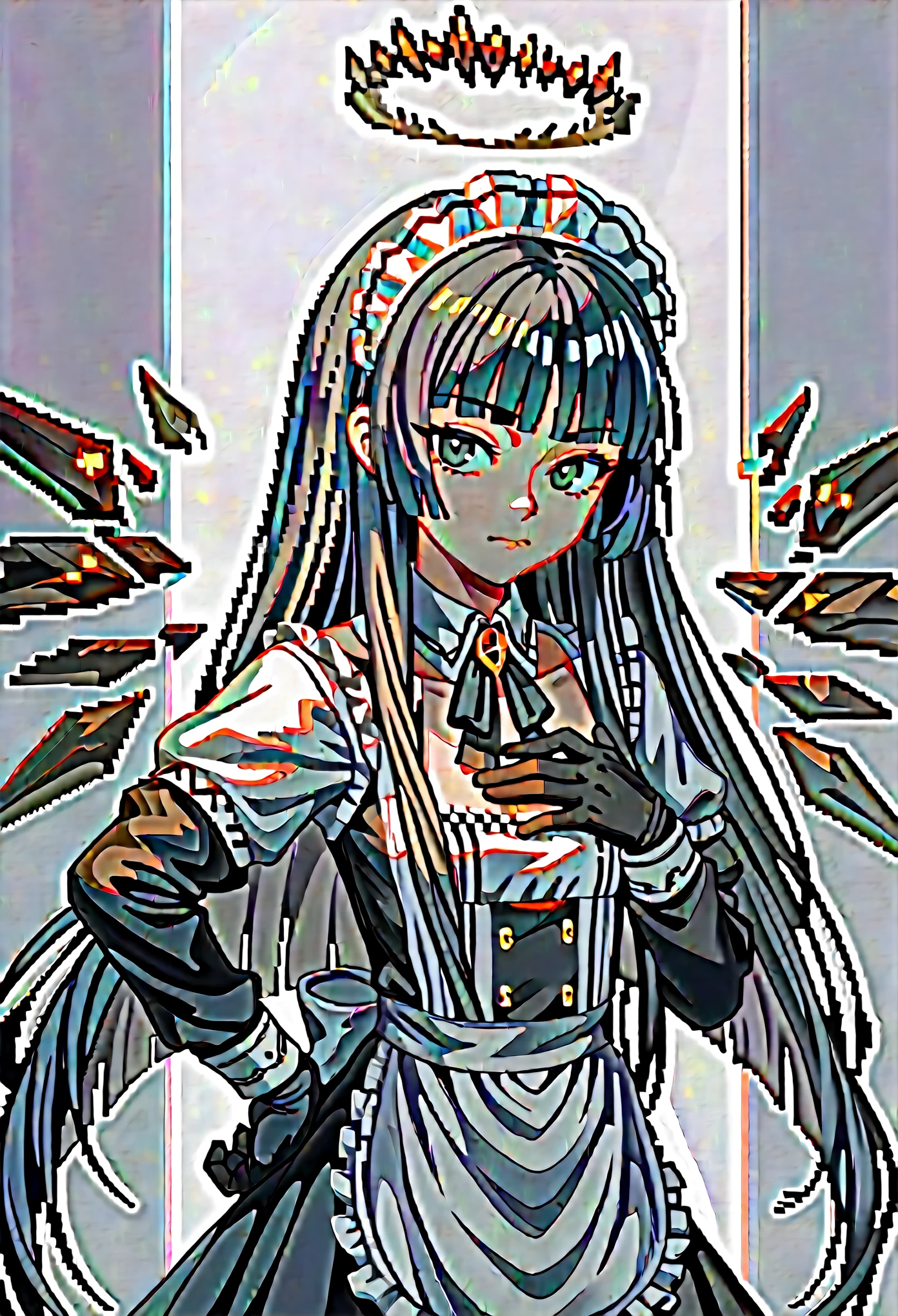 (score_9, score_8_up, score_7_up), (anime pixel art), 1girl, VirtuosaBase, black eyes, long hair, hime cut, maid outfit, long sleeves, black gloves, hand on hip, maid headdress, energy wings, looking at viewer, upper body, above view, hands on chest, small breasts, neutral, calm, closed mouth, portrait,