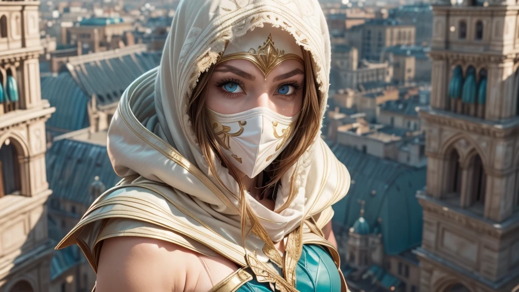 A full-body shot of Princess Zelda, brown hair, blue eyes, dressed as an Assassin from Assassins Creed, in white+gold witha white mask and hood with gold details, XL bust, using a wrist blade. Background: A city during the renaissance period. Unreal Engine 5, Anime, Anime style, Masterpiece, Well drawn eyes, well drawn face, well detailed eyes, well detailed face, 8k, light and shadow effect.