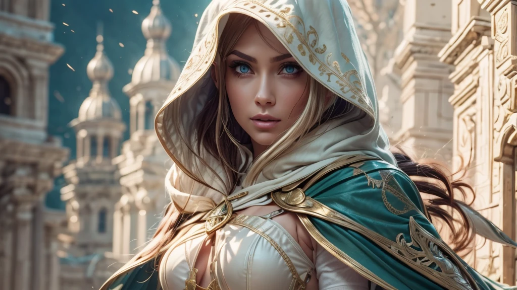 A full-body shot of Princess Zelda, brown hair, blue eyes, dressed as an Assassin from Assassins Creed, in white+gold witha white mask and hood with gold details, XL bust, using a wrist blade. Background: A city during the renaissance period. Unreal Engine 5, Anime, Anime style, Masterpiece, Well drawn eyes, well drawn face, well detailed eyes, well detailed face, 8k, light and shadow effect.