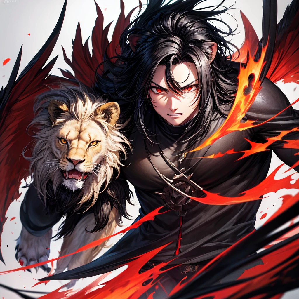 Lion, Black Hair, Red eyes, wing, Very monstrous Mighty Warrior