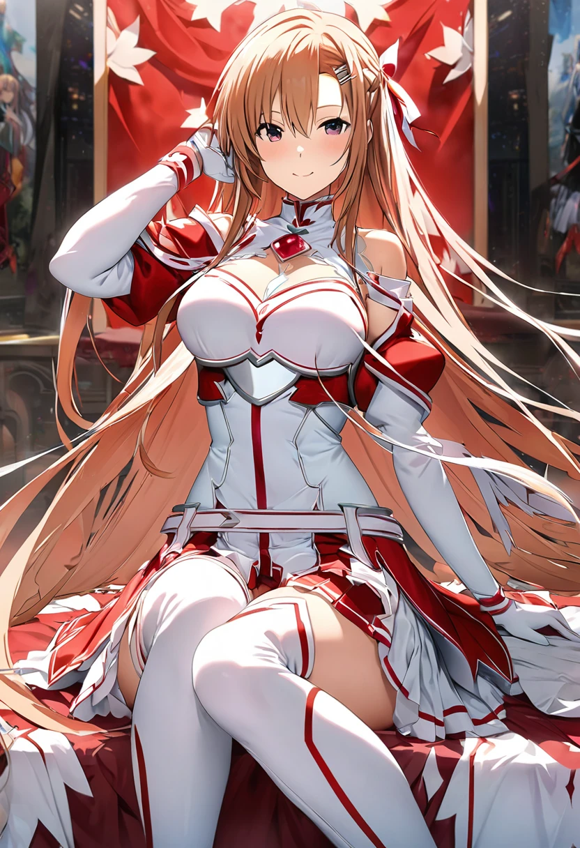 masterpiece, highest quality, High resolution、highest quality、unity 8k wallpaper、32k、Very detailed、超High resolution、Very detailedな顔、RAW Photos、Professional、Ultra-fine painting、Magical Girl of Creation Stacia Asuna、Knights of the Blood Oath Uniform、White and red magical girl costume、Puff sleeves、Shoulder rest、Silver Breastplate、Pleated skirt、Long gloves、Thigh-high stiletto boots、A large white and red ribbon with a large ruby brooch on the chest、Hair Clip、Hair Ribbon、asuna \(sao\)