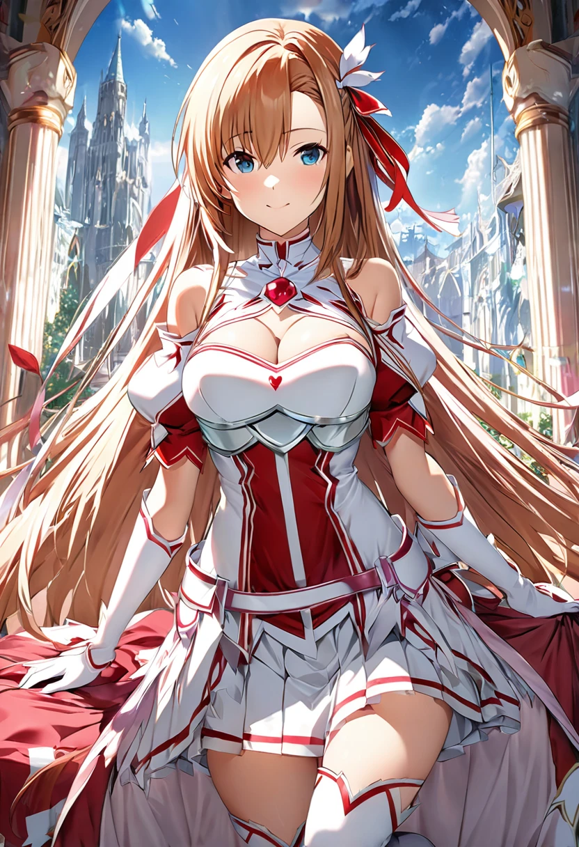 masterpiece, highest quality, High resolution、highest quality、unity 8k wallpaper、32k、Very detailed、超High resolution、Very detailedな顔、RAW Photos、Professional、Ultra-fine painting、Magical Girl of Creation Stacia Asuna、Knights of the Blood Oath Uniform、White and red magical girl costume、Puff sleeves、Shoulder rest、Silver Breastplate、Pleated skirt、Long gloves、Thigh-high stiletto boots、A large white and red ribbon with a large ruby brooch on the chest、Hair Clip、Hair Ribbon、asuna \(sao\)