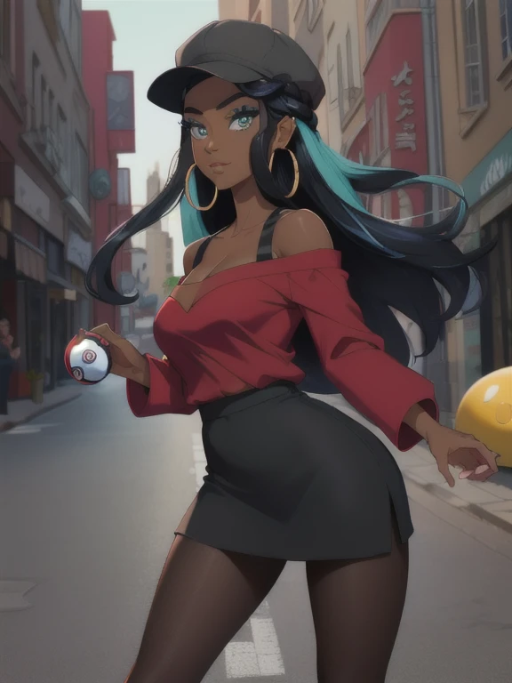 masterpiece, best quality, (Detailed face:1.2), (Detailed eyes:1.2), solo, 1girl, nessacasual, aqua eyes, eyeshadow, dark skin, (dark-skinned female:1.5), hair bun, hair ornament, makeup, long hair, sidelocks, single hair bun, thick eyebrows, black hair, aqua hair, streaked hair, medium breasts, grey cabbie hat, red shirt, off shoulder, collarbone exposed, cleavage, black short skirt, pantyhose, earrings, hoop earrings, black high-heels, jewelry, (holding a poke ball:1.3). looking at viewer, standing, outdoors, city street