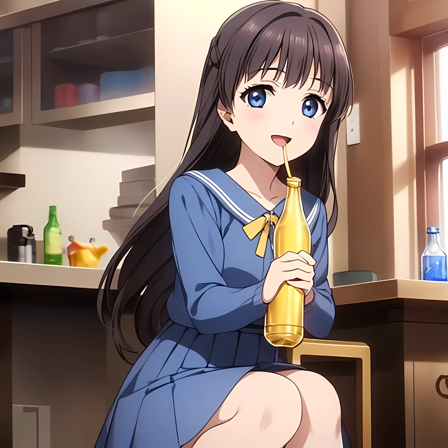 (highest quality, masterpiece:1.2), highest quality, High resolution, 1080p, 8K, Game heroine CG, Height: 158cm, ((A beautiful game heroine is holding a plastic bottle to her mouth)), A face that everyone loves, Glossy lips, Even bangs, Double, Long eyelashes on both the top and bottom, Smiling blue eyes, The very large and thick yellow ribbon bowtie is very cute., ((Black Hair)), Beautiful, shiny, long black hair, ((A long, neat, dark navy pleated skirt)), (((A long-sleeved navy blue sailor uniform for winter, all dark blue in color))), ((Navy blue jacket)), Smiling, slightly open mouth like a game heroine, Ribbon in hair, Tight waist, The background is a blank white space, ((Blur the background))