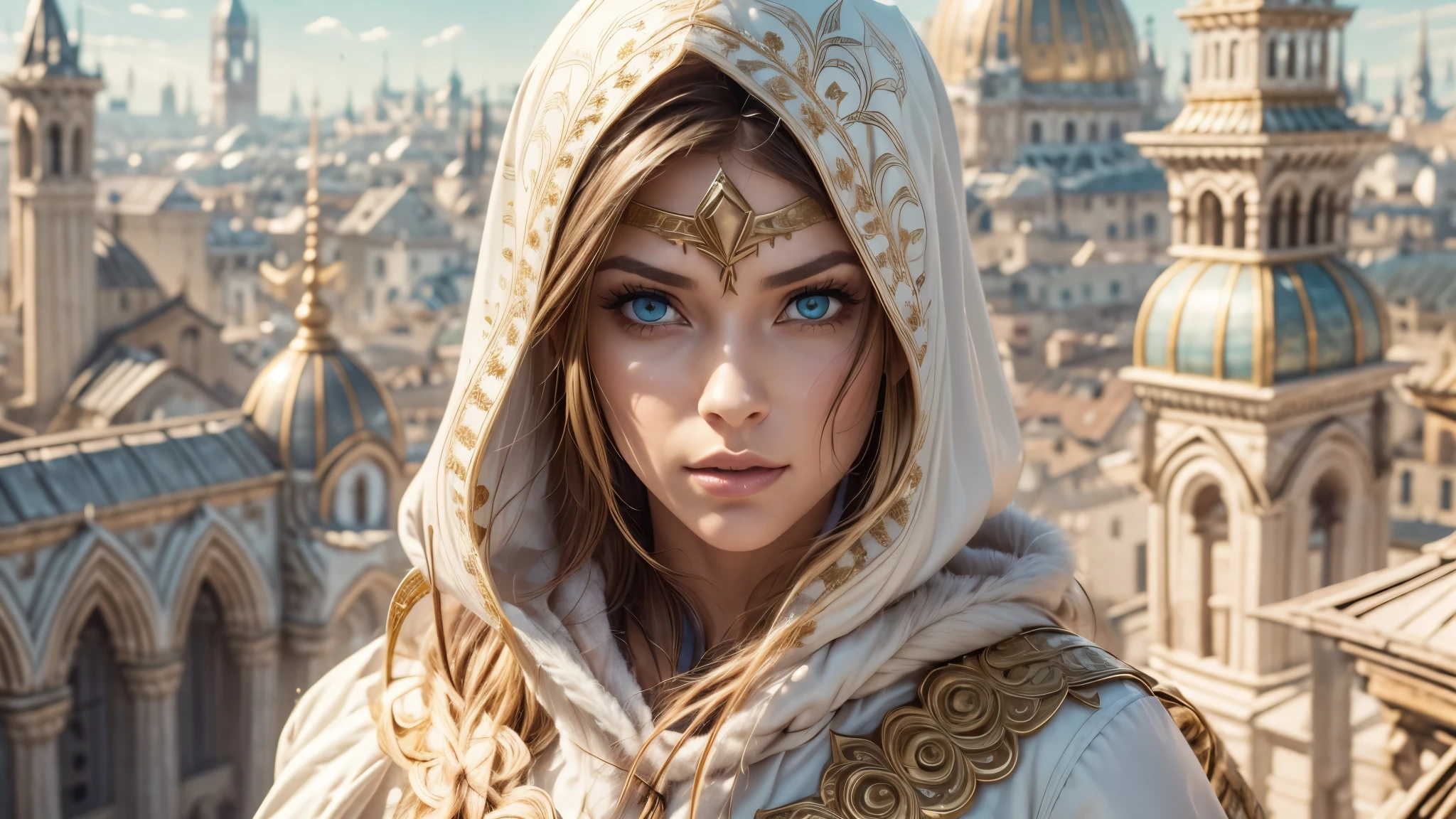 A full-body shot of Princess Zelda, brown hair, blue eyes, dressed as an Assassin from Assassins Creed, in white+gold witha white mask and hood with gold details, XL bust, using a wrist blade. Background: A city during the renaissance period. Unreal Engine 5, Anime, Anime style, Masterpiece, Well drawn eyes, well drawn face, well detailed eyes, well detailed face, 8k, light and shadow effect.  