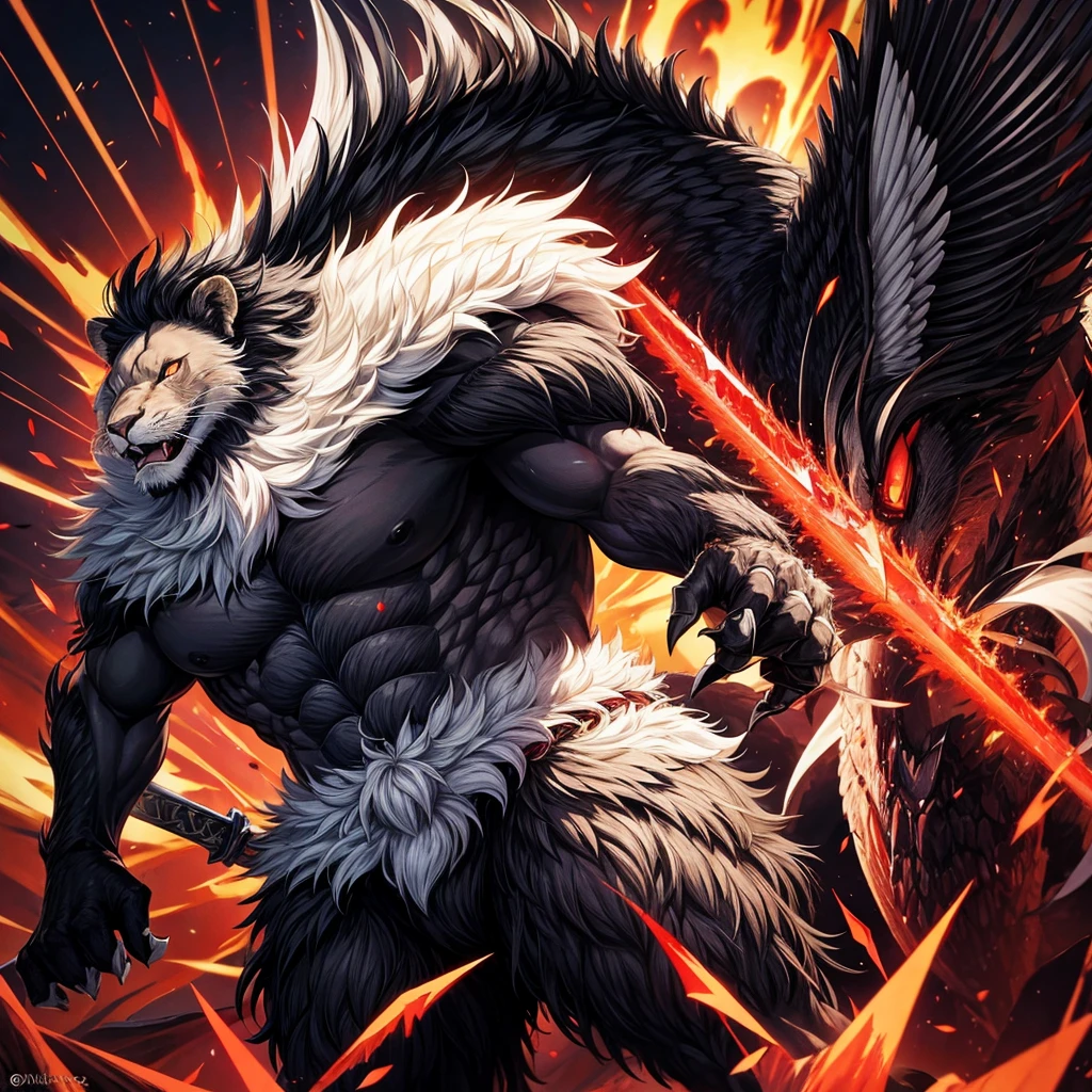 Lion, Black Hair, Red eyes, wing, Very monstrous　Mighty Warrior　Giant Sword