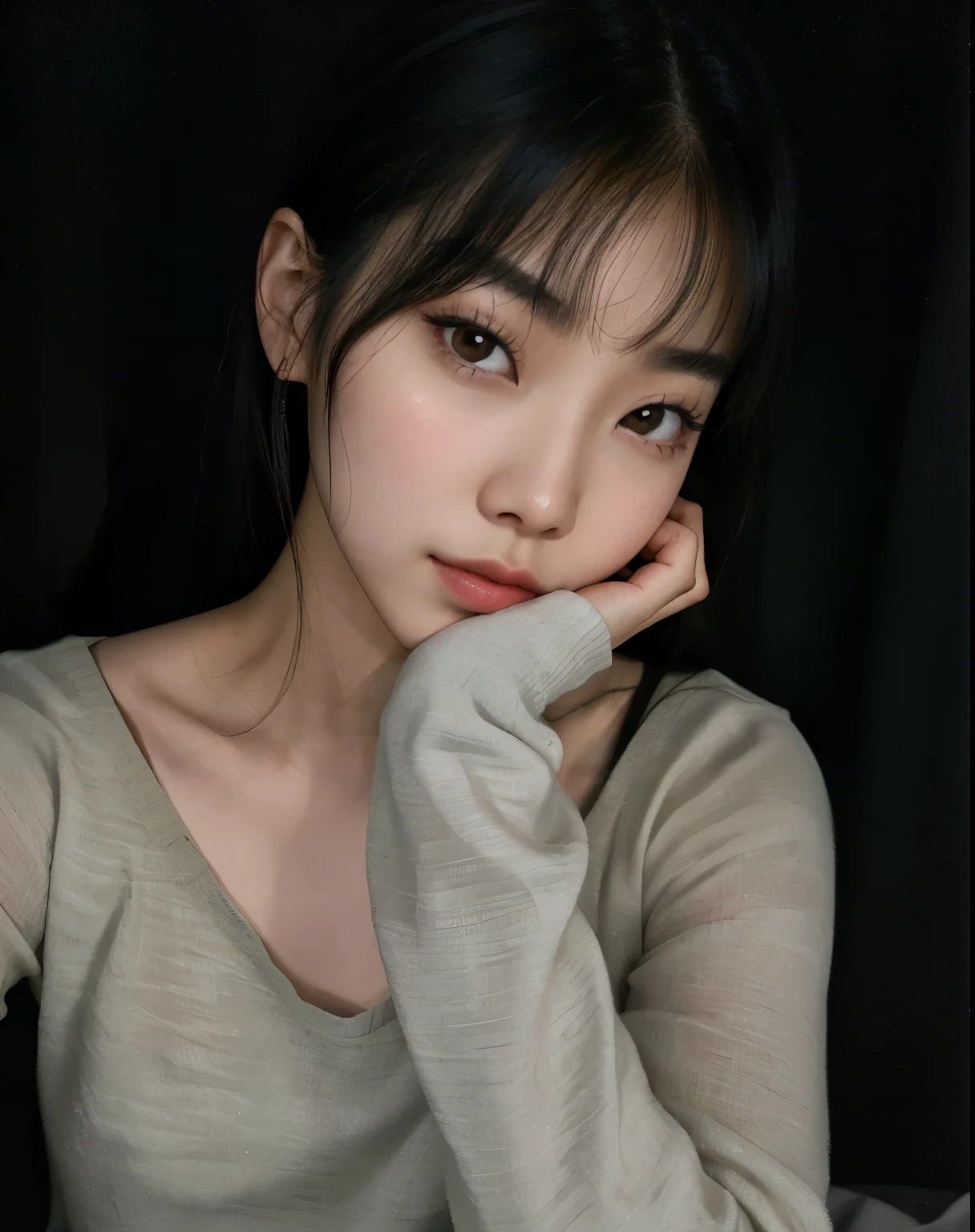 There is a woman sitting with her hand on her chin, Larisa Manoval, Best Face, Korean woman, Beautiful Korean Woman, Larissa Manoban of Blackpink, Beautiful young Korean woman, Chan Sakimi, With bangs, Bonito-Pinot-Darling, Beautiful young Korean woman, Cute and lovely Korean face