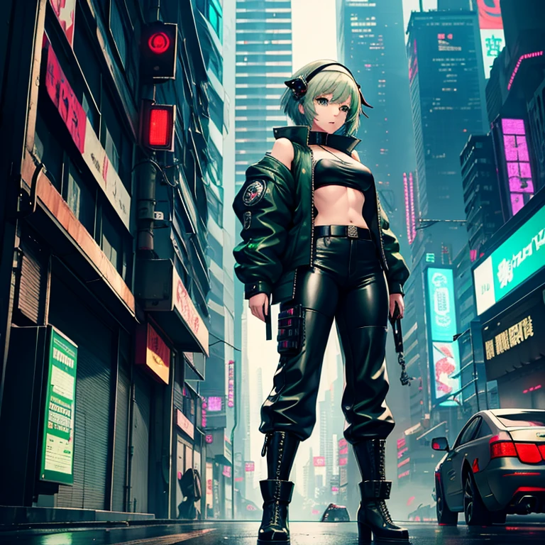 1 girl, solo, Youmu Konpaku, touhou, masterpiece, green eyeliner, silver hair, blue eyes, alternate costume, bomber jacket,  leather pants, green skirt, punk boots, cyberpunk art style, cyberpunk cityscape, wide shot
