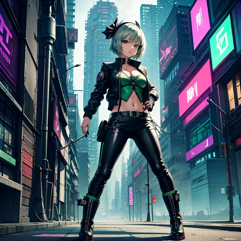 1 girl, solo, Youmu Konpaku, touhou, masterpiece, green eyeliner, silver hair, blue eyes, alternate costume, bomber jacket,  leather pants, green skirt, punk boots, cyberpunk art style, cyberpunk cityscape, wide shot