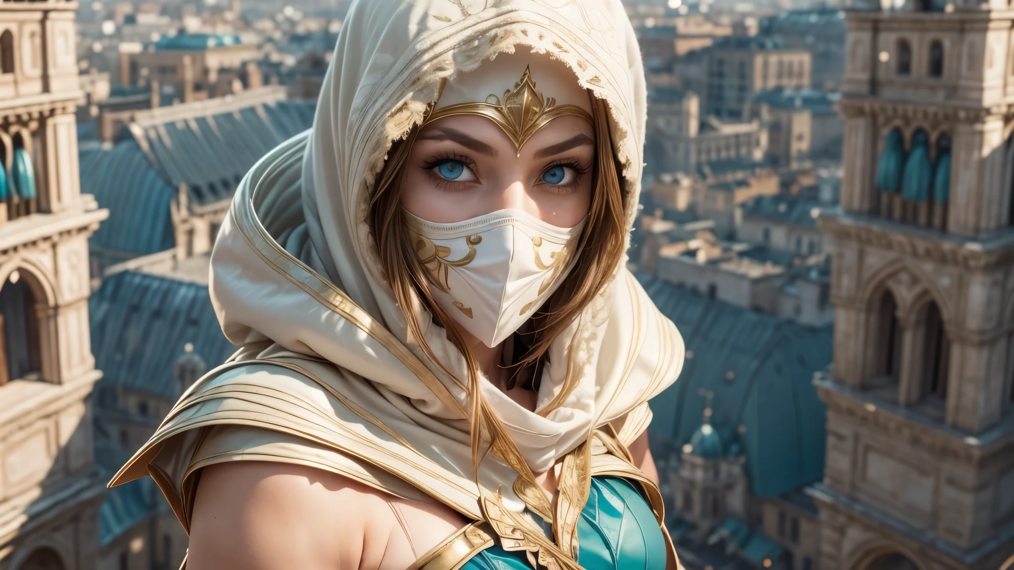 A full-body shot of Princess Zelda, brown hair, blue eyes, dressed as an Assassin from Assassins Creed, in white+gold witha white mask and hood with gold details, XL bust, using a wrist blade. Background: A city during the renaissance period. Unreal Engine 5, Anime, Anime style, Masterpiece, Well drawn eyes, well drawn face, well detailed eyes, well detailed face, 8k, light and shadow effect.