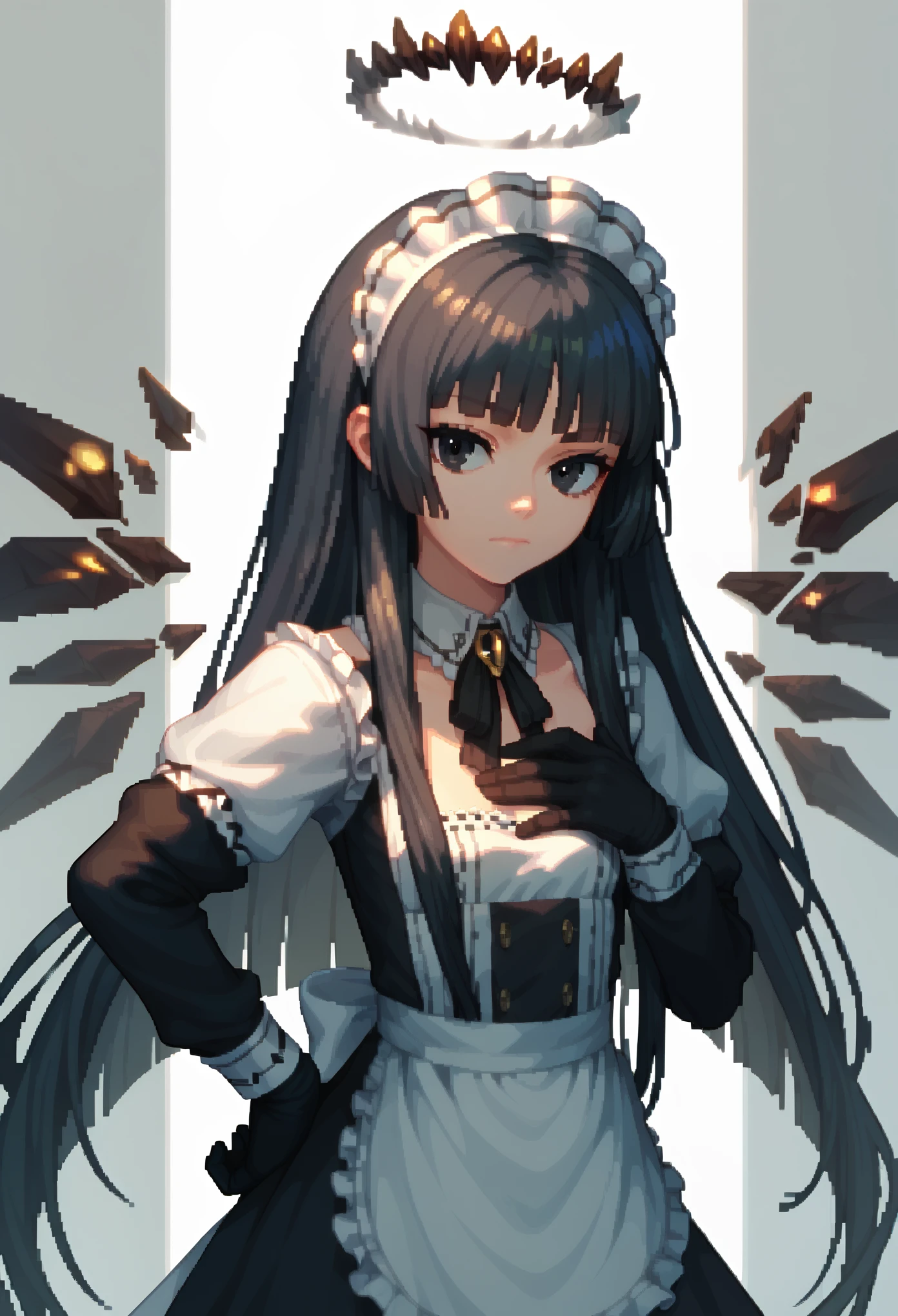 (score_9, score_8_up, score_7_up), (anime pixel art), 1girl, VirtuosaBase, black eyes, long hair, hime cut, maid outfit, long sleeves, black gloves, hand on hip, maid headdress, energy wings, looking at viewer, upper body, above view, hands on chest, small breasts, neutral, calm, closed mouth, portrait, 