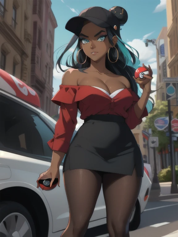 masterpiece, best quality, (Detailed face:1.2), (Detailed eyes:1.2), solo, 1girl, nessacasual, aqua eyes, eyeshadow, dark skin, (dark-skinned female:1.5), hair bun, hair ornament, makeup, long hair, sidelocks, single hair bun, thick eyebrows, black hair, aqua hair, streaked hair, medium breasts, grey cabbie hat, red shirt, off shoulder, collarbone exposed, cleavage, black short skirt, pantyhose, earrings, hoop earrings, black high-heels, jewelry, (holding a poke ball:1.3). looking at viewer, standing, outdoors, city street