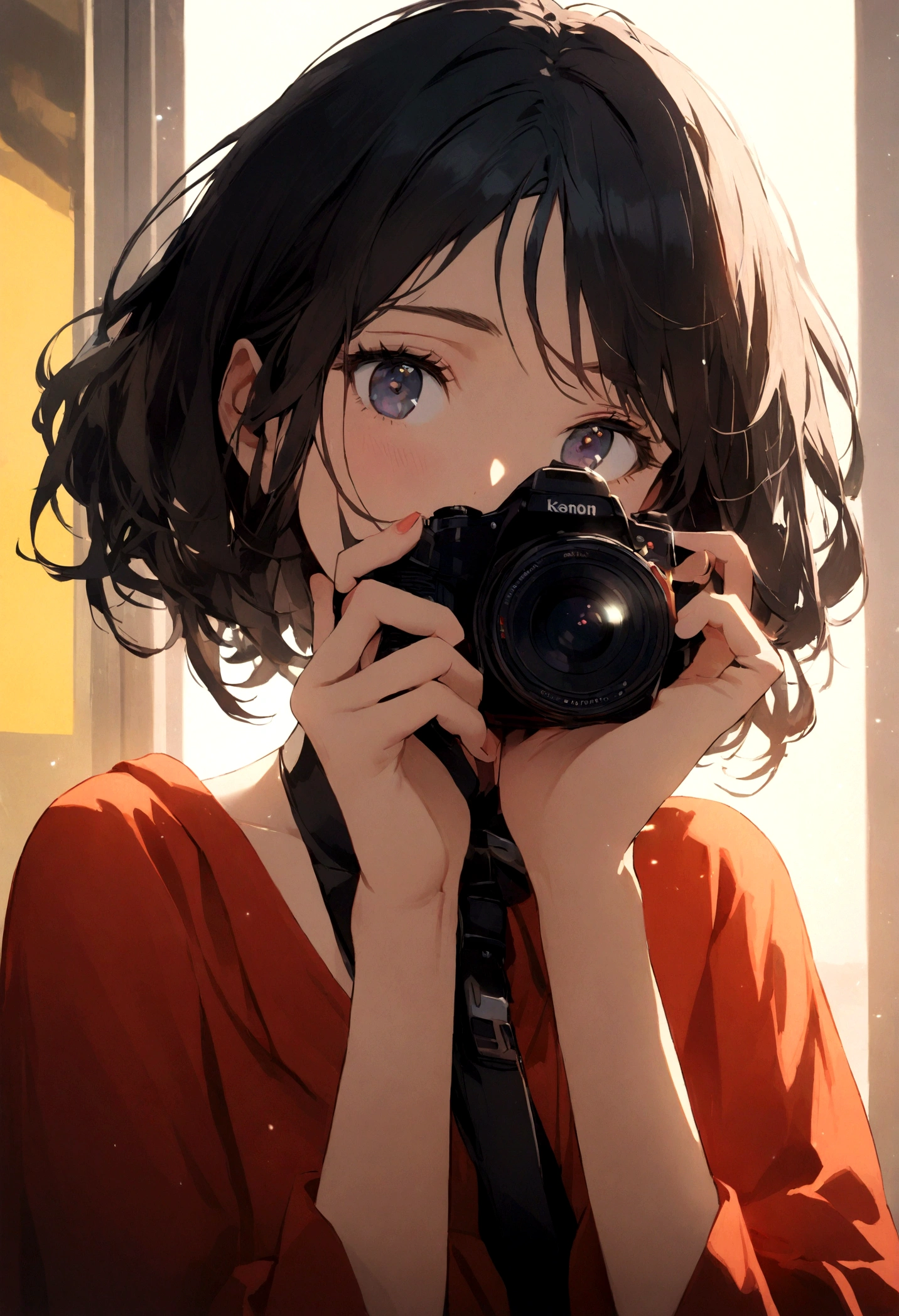 One girl , Beautiful Face, Short black hair, Single-lens reflex camera