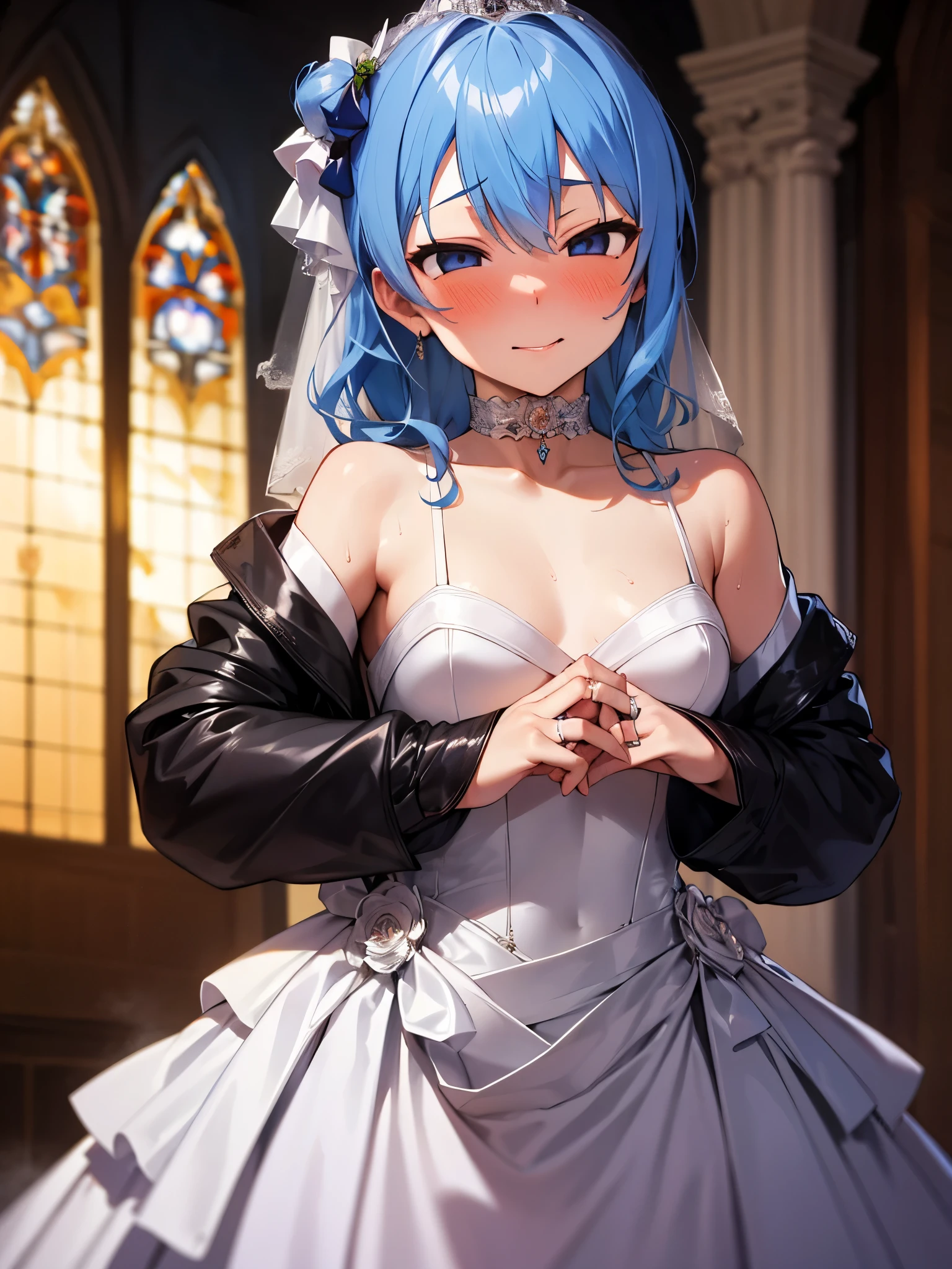 NSFW,One girl,hoshimachi suisei,blue eyes,Blue Hair,choker,Hair between the eyes,Medium Hair,Side Ponytail,スターchoker,Small breasts,(Wedding dress:1.5),Off the shoulder,garter belt,Church at night,(Perfect hands),(Perfect Anatomy),(masterpiece),(highest quality),Embarrassed,blush,In heat