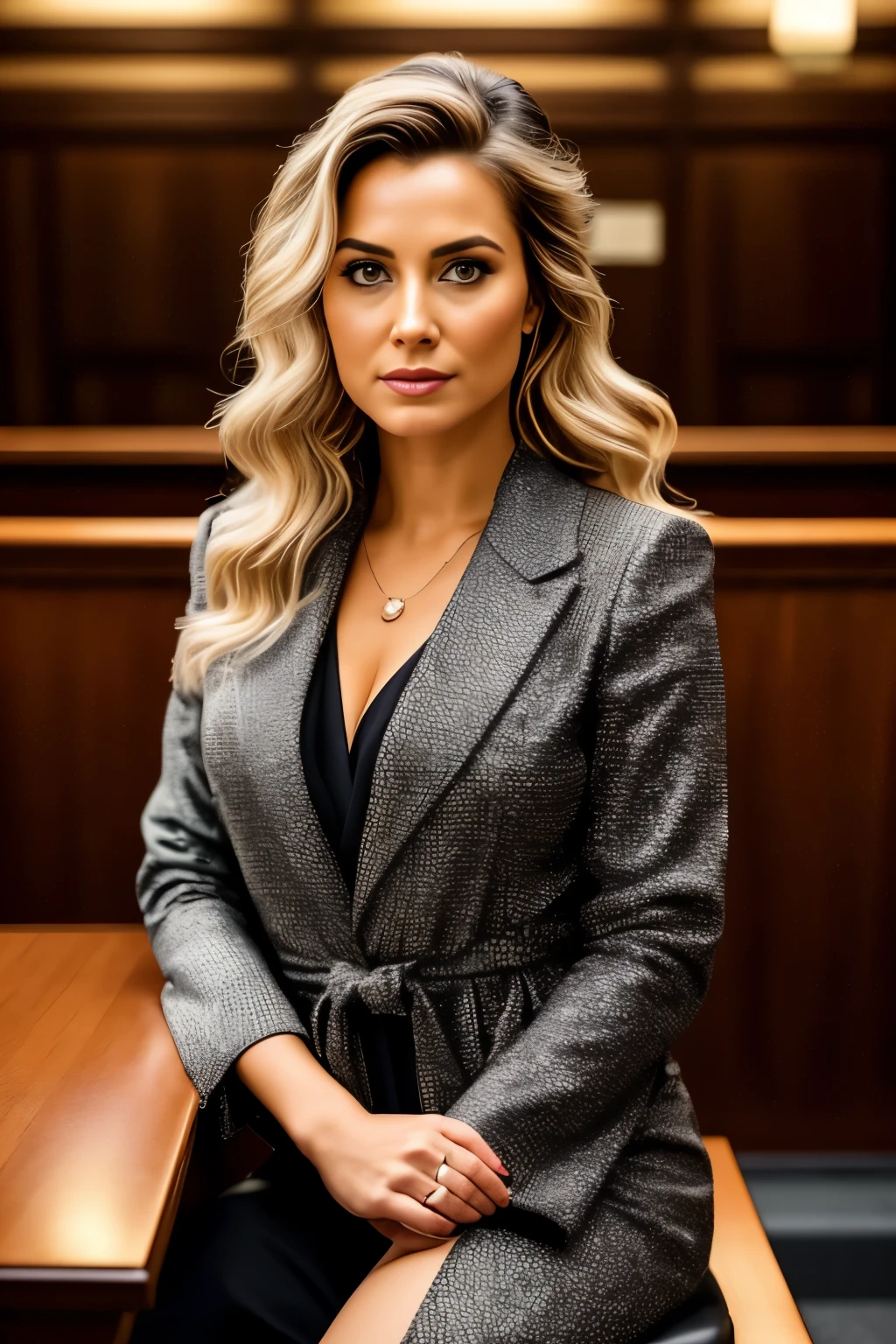 A close-up photo of a female lawyer in a courtroom. She is wearing is wearing an elegant black suit. The background features a courtroom setting with a judge's bench, legal books, and courtroom furniture, creating a professional atmosphere. The lawyer has a confident and determined expression, with neatly styled hair. The image is in high definition with clear lighting and no shadows, highlighting every detail of her face and robe, including her attire