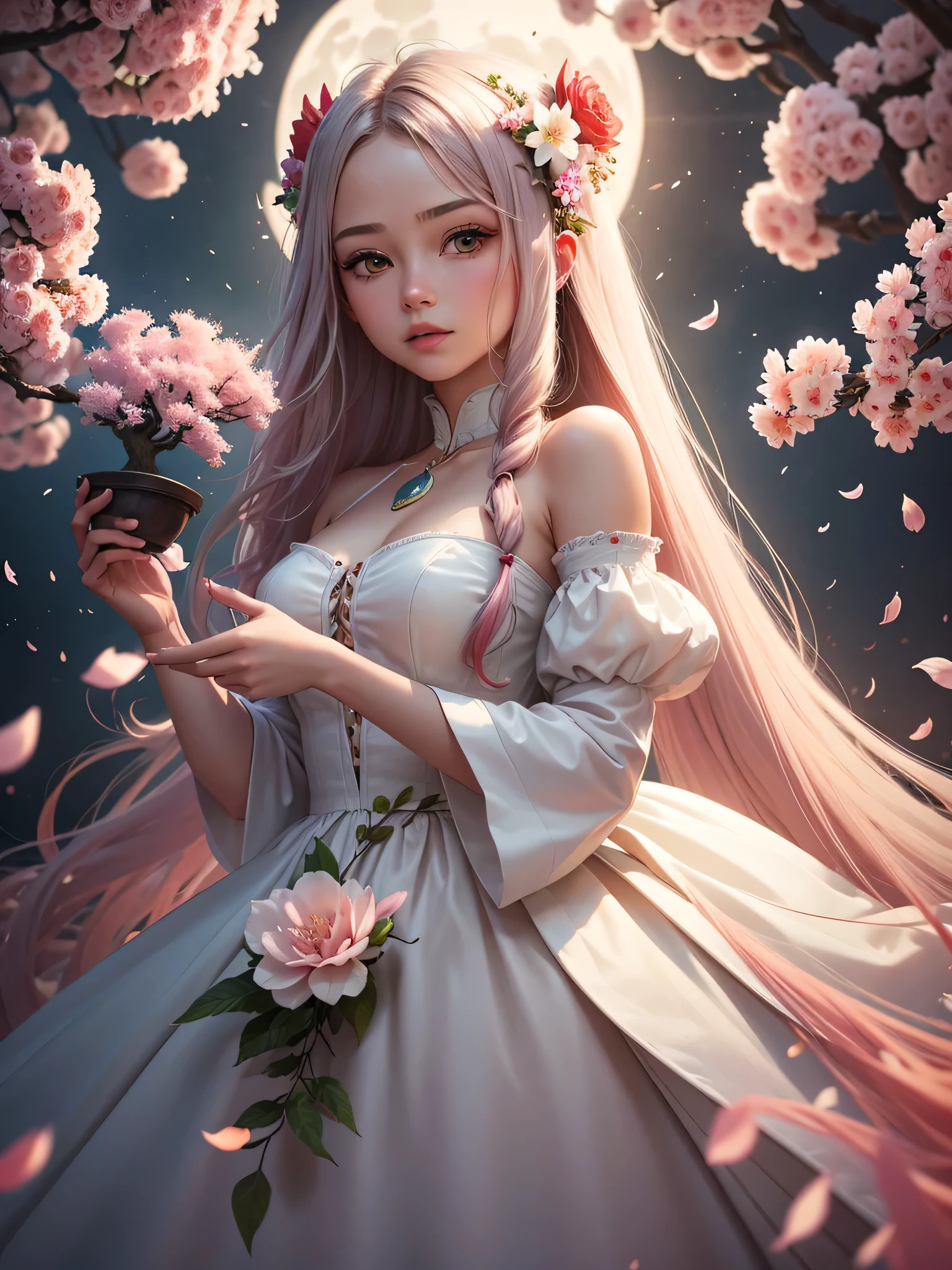 Style Hyperrealism fantasy, beautiful long-haired woman in flowy white dress with a green lizard on her shoulder,with the red heart-shaped balloon stands before a giant twisted bonsai cherry blossom tree, blossom petals and colorful confetti falling all around, beautifully backlit by moonlight, digital art, masterpiece