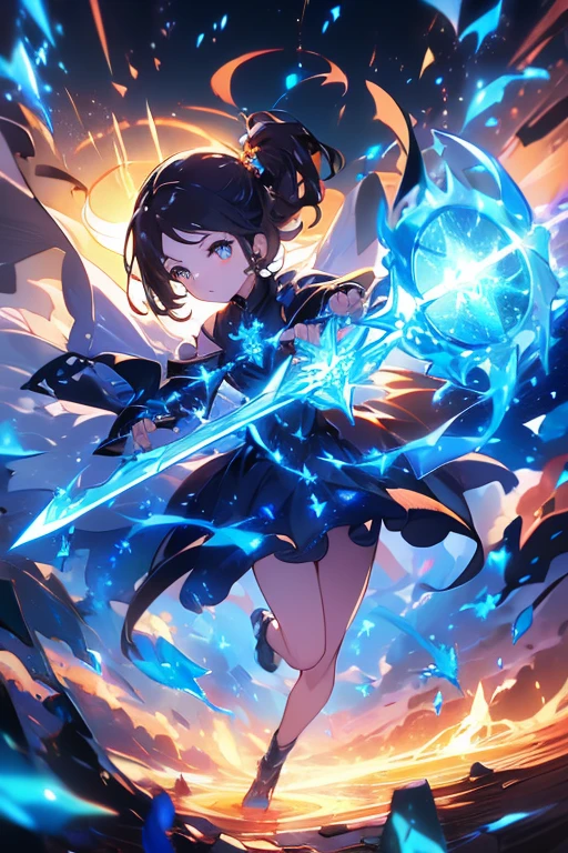(((masterpiece))),((ultra detailed)), ((blue flames blade summoning))),(aerial),dark brown short ponytail, slender, neat beauty, amber eyes, 18 years old,full body,lightly dressed,action pose,castle wall,dynamic angle