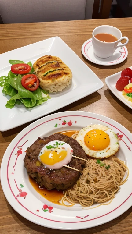 (8k, RAW photo, best quality, masterpiece:1.2), High detail RAW color photo, professional photograph, (realistic, photo realistic:1.37), ((best quality)),(a very beautiful and very cute little girl),(the girl is 5 years old),(the girl looks happy when she sees a rectangular lunch plate for on a table),(the lunch plate places on a single cute patterned plate with small separate servings of hamburg steak and spaghetti and omelette and salad and fried rice with a toothpick shaped like the Japanese flag and pudding),at a family restaurant,