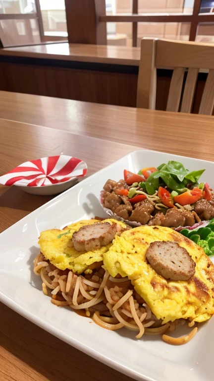 (8k, RAW photo, best quality, masterpiece:1.2), High detail RAW color photo, professional photograph, (realistic, photo realistic:1.37), ((best quality)),(a very beautiful and very cute little girl),(the girl is 5 years old),(the girl looks happy when she sees a rectangular lunch plate for on a table),(the lunch plate places on a single cute patterned plate with small separate servings of hamburg steak and spaghetti and omelette and salad and fried rice with a toothpick shaped like the Japanese flag and pudding),at a family restaurant,