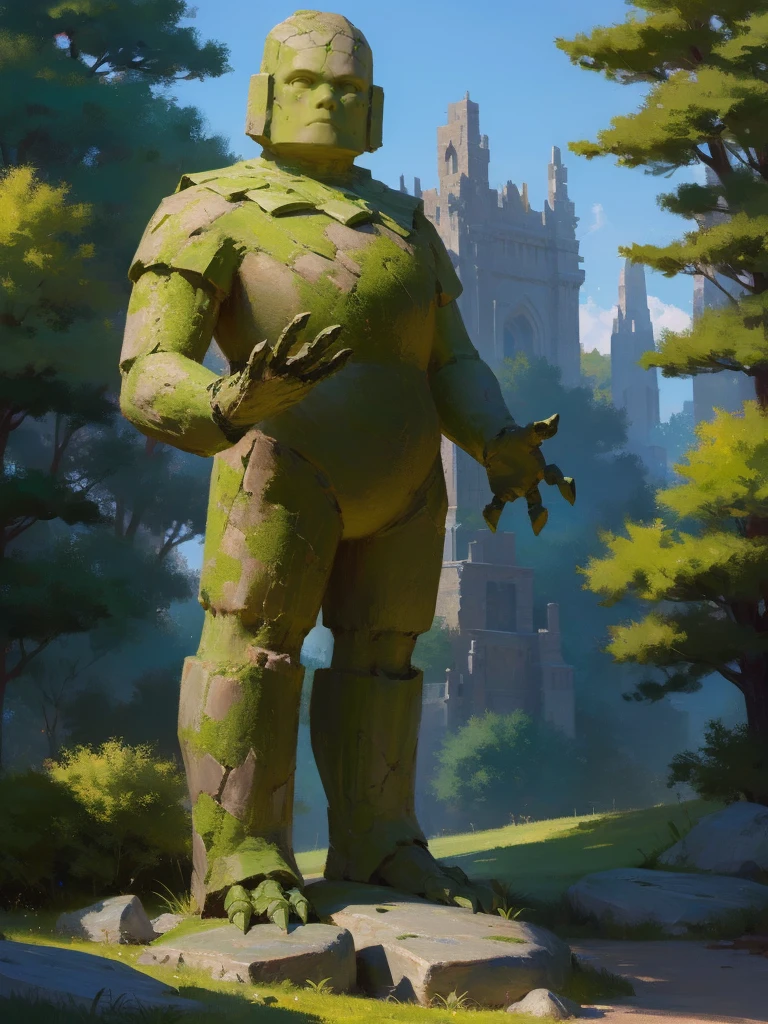 fantasy, full body illustration of a non-human stone golem ready to battle, stone body, stone face, stone hands, stone arms, small, skinny, vegetation growing on top of it, high detail, intricate details, ultra high resolution, sharp focus, HD, 8k, fantasy background