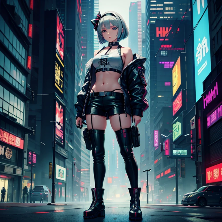 1 girl, solo, Youmu Konpaku, touhou, masterpiece, silver hair, bob cut, short hair, black headband, blue eyes, alternate costume, bomber jacket,  leather pants, green skirt, punk boots, cyberpunk art style, cyberpunk cityscape, wide shot