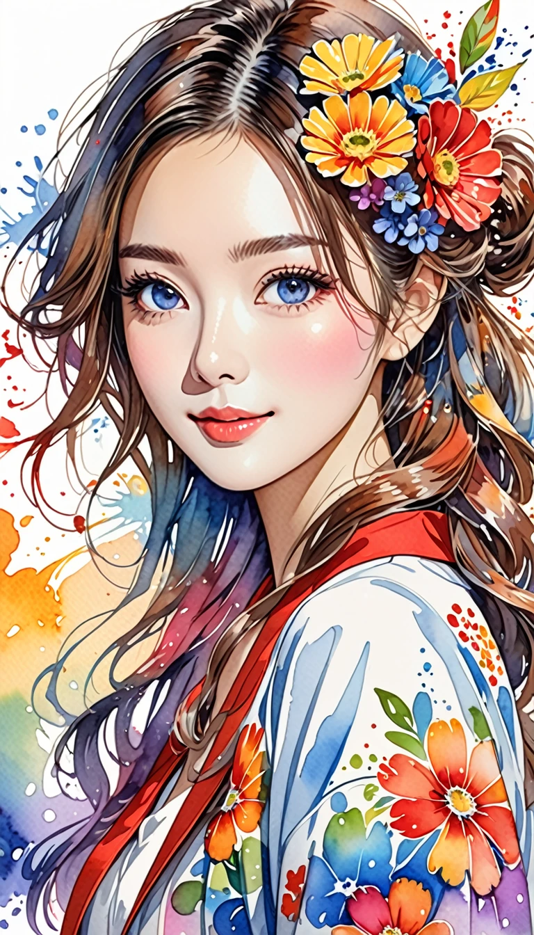 Hiromi Matsuo Style、(((stylish fashion))), 8K Quality、Intense watercolor, Detailed watercolor art, Watercolor splash, Surreal, avant-garde pop art, Beautiful and expressive paintings, Beautiful artwork illustration, Very colorful tones, wonderful, Cool beauty, highest quality、Official Art, Vector art, Stylish design, (((The most beautiful girl))), (((highest quality))), HDR, ((detailed)), (((Doodle Art)), ((masterpiece)), ((Super detailed)), (((Colorful flowers))),(((Stylish))) beautiful woman with long hair,Smile:1.6, doress,beautiful japanese female, Gorgeous Japan Girl,Pretty actress, girl cute-fine-face