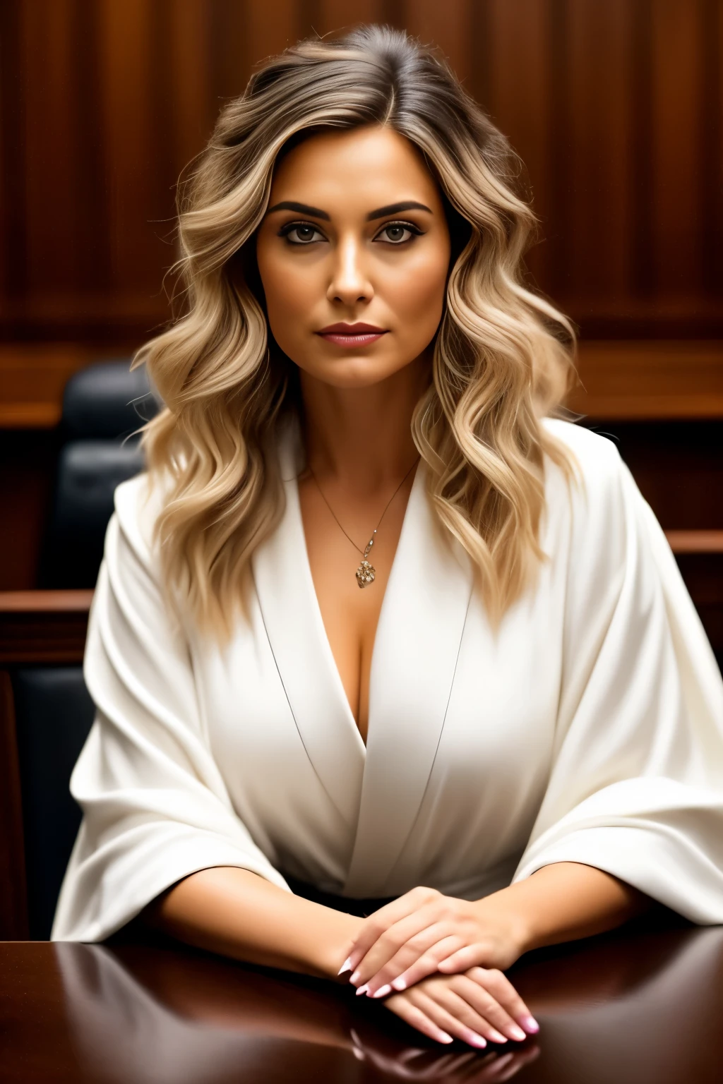 A close-up photo of a female lawyer in a courtroom. She is wearing is wearing an elegant black suit. The background features a courtroom setting with a judge's bench, legal books, and courtroom furniture, creating a professional atmosphere. The lawyer has a confident and determined expression, with neatly styled hair. The image is in high definition with clear lighting and no shadows, highlighting every detail of her face and robe, including her attire
