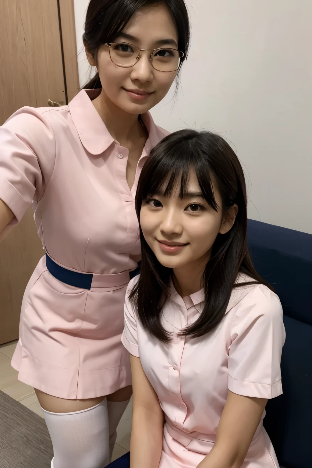 Nobita taking selfie with shizuka. Shizuka ware pink dress and nobite ware white formar shirt and navy blue court