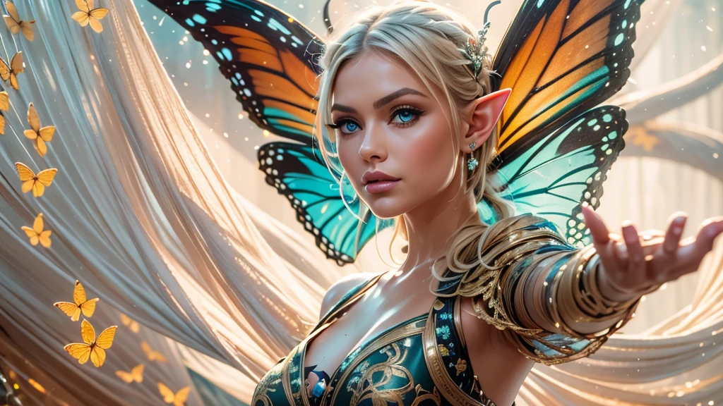 Beautiful faerie woman, elf ear, flying, massive monarch butterfly wings between shoulder blades, glowing blue eyes, detailed proportional hands, proportional body, firm breast, frank Frazzetta painting style, (Best Quality:1.4), (Ultra-detailed), (extremely detailed CG unified 8k wallpaper), Highly detailed, RAW Photos, Professional Photography, plein air, Illumination, (Super fancy photos:1.4), (Dazzling light), Radiant Photography, depth of fields