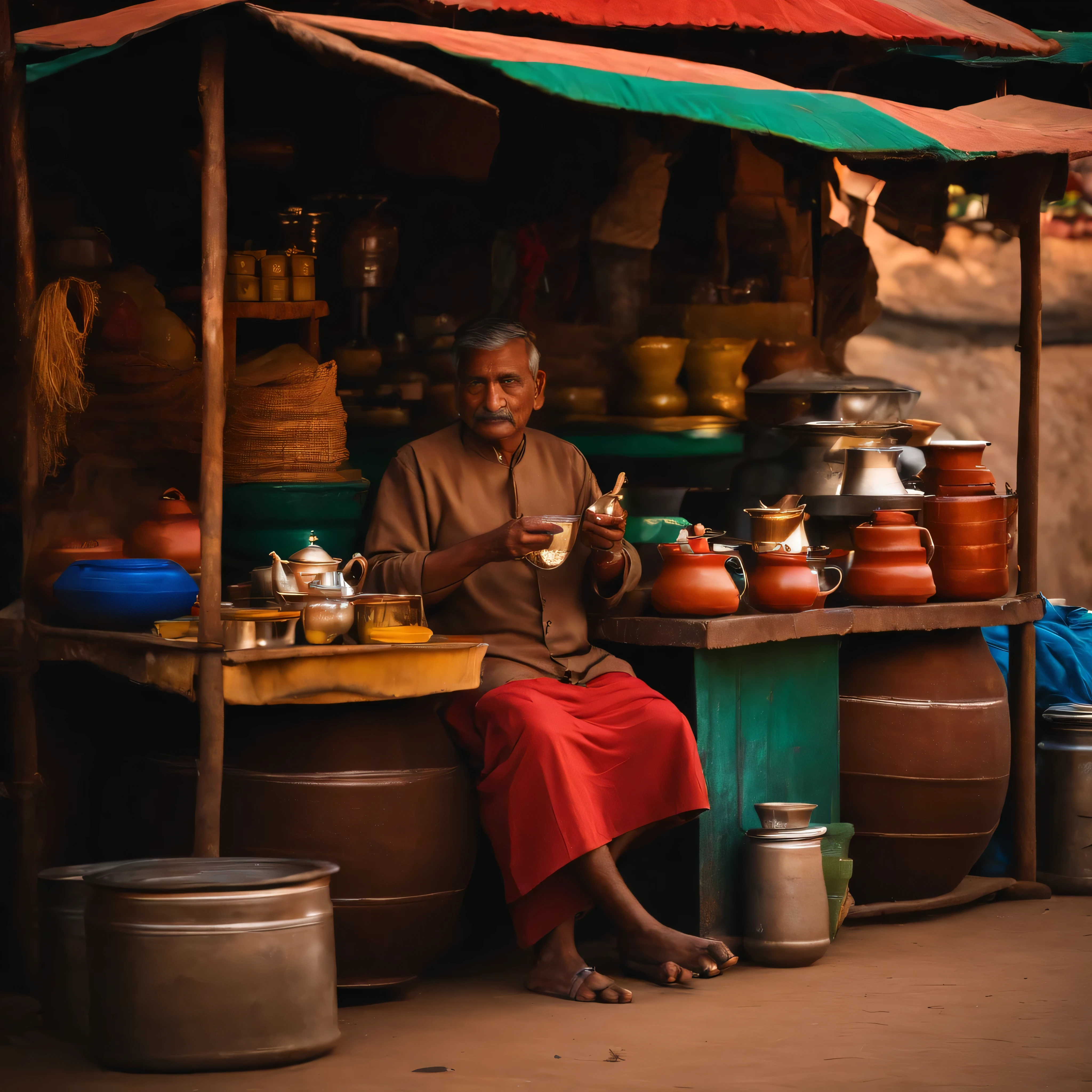 A tea stall a man eat tea