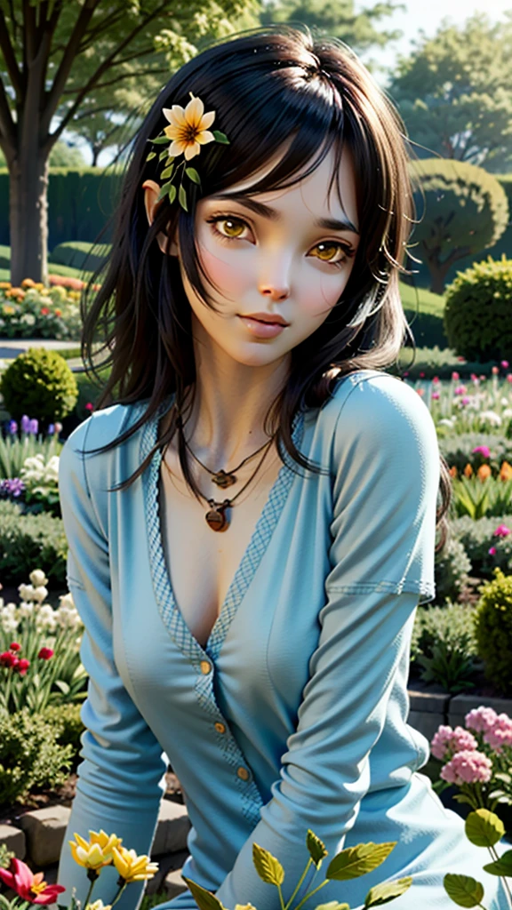 Realistic, 1 Girl, Dark Hair, Dark Brown Eyes, Bright Eyes, Split Lips, Blush, Cute, Garden, Daytime, Flowers.