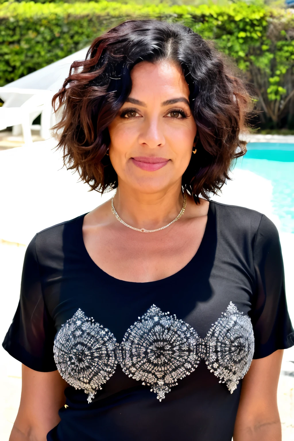 Uma mulher com 40 anos cabelos negros longos com seios grandes usando uma blusa de renda decote grande seios grandes