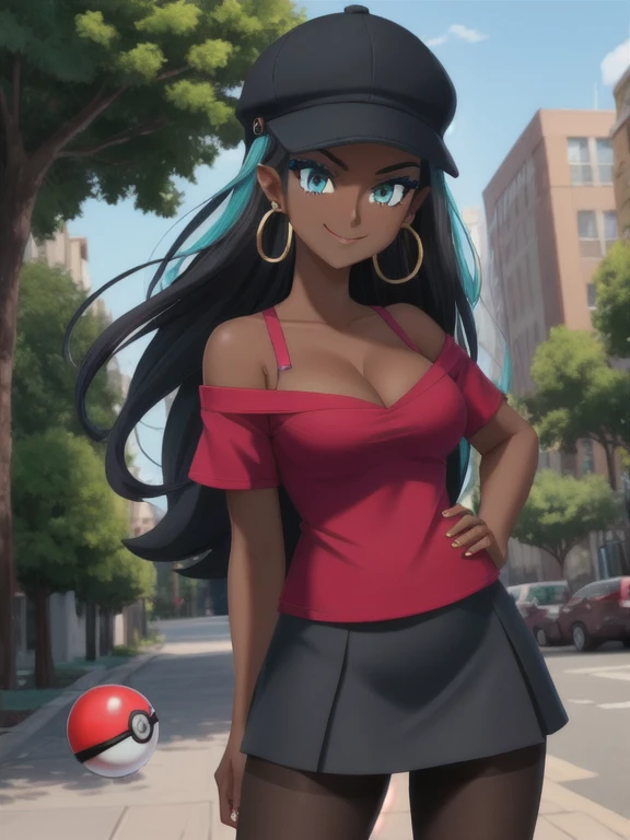 masterpiece, best quality, (Detailed face:1.2), (Detailed eyes:1.2), solo, 1girl, nessacasual, aqua eyes, eyeshadow, dark skin, (dark-skinned female:1.5), makeup, long hair, sidelocks, thick eyebrows, black hair, aqua hair, streaked hair, medium breasts, grey cabbie hat, red shirt, off shoulder, collarbone exposed, cleavage, black lycra short skirt, pantyhose, earrings, hoop earrings, (holding a poke ball:1.3). looking at viewer, looking at the camera with an arrogant smile, standing, outdoors, city street