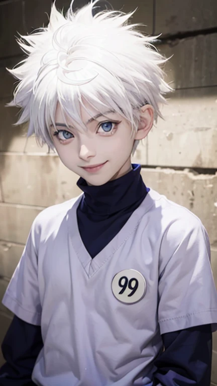 1 male, anime「Hunter x Hunter」Killua Zodiac, short hair , Gray Hair, blue eyes, good looking, Black clothes, smile, Realistic clothes, Clothing Details, Urban Background, Super detailed, Realistic
