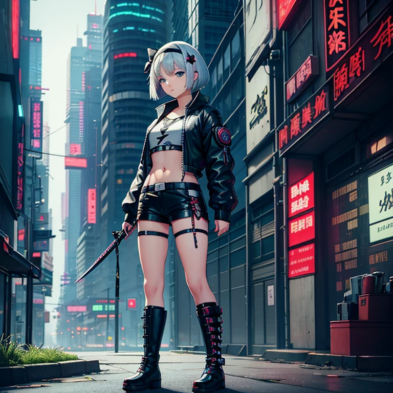 1 girl, solo, Youmu Konpaku, touhou, masterpiece, silver hair, bob cut, short hair, black headband, blue eyes, alternate costume, bomber jacket,  leather shorts, green skirt, cyber katana, punk boots, cyberpunk art style, cyberpunk cityscape, wide shot