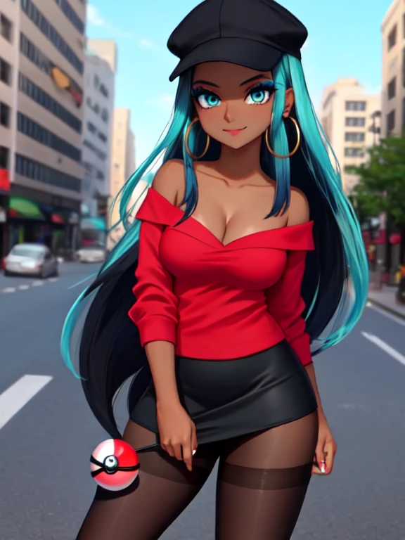 masterpiece, best quality, (Detailed face:1.2), (Detailed eyes:1.2), solo, 1girl, nessacasual, aqua eyes, eyeshadow, dark skin, (dark-skinned female:1.5), makeup, long hair, sidelocks, thick eyebrows, black hair, aqua hair, streaked hair, medium breasts, grey cabbie hat, red shirt, off shoulder, collarbone exposed, cleavage, black lycra short skirt, pantyhose, earrings, hoop earrings, (holding a poke ball:1.3). looking at viewer, looking at the camera with an arrogant smile, standing, outdoors, city street
