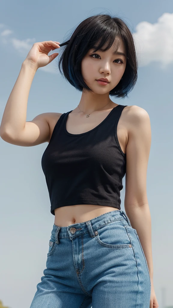 Cute bob hair korean girl. Black tank top. Short blue jeans pants. Blue sky background. Full body.