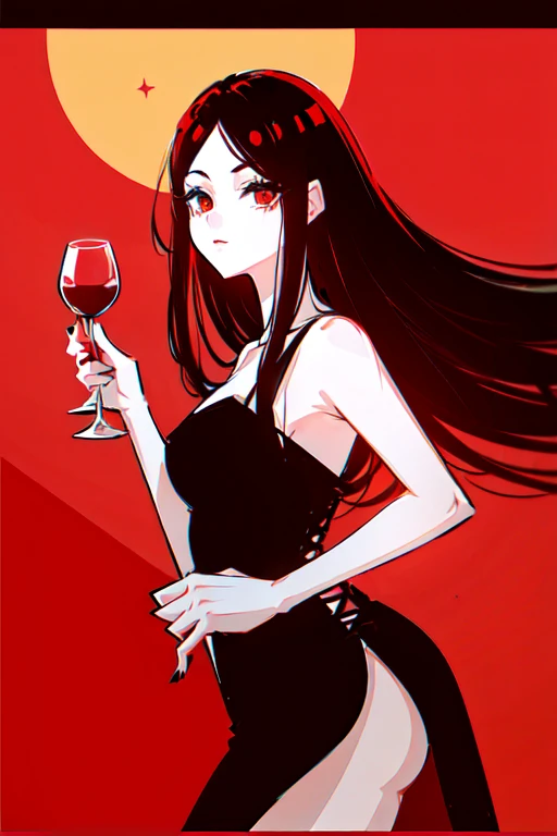 (obra maestra, mejor calidad, 1 chica, daring crimson red dress, pelo largo y negro, ojos rojos y tranquilos, session, hermoso fondo al aire libre, Noche, infierno, en mano una copa de vino